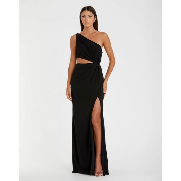 Mac Duggal Elegant Formal‎ Black One Shoulder Ruched Cut Out Jersey Gown Size 4 - Picture 1 of 9